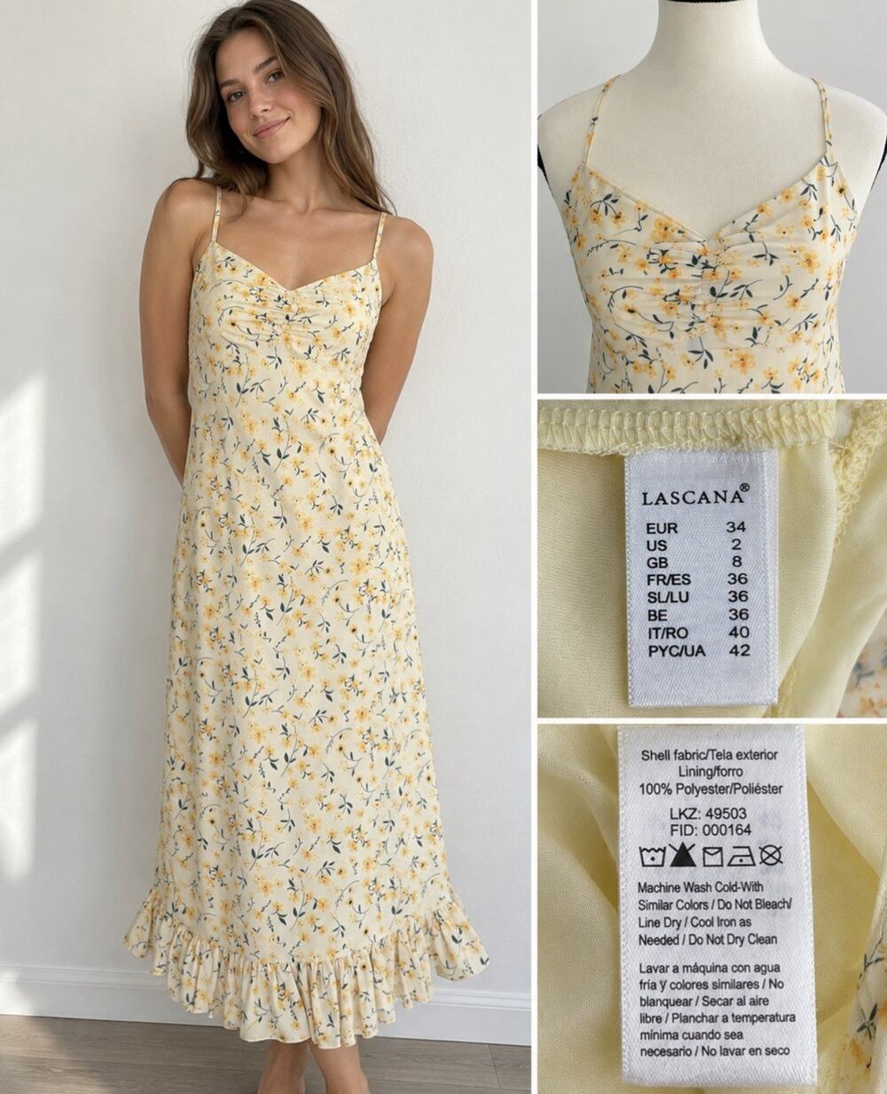 NWT Boho Resort Lascana Floral Ditsy Maxi Dress Sz 2 Yellow Ruffle Hem Sundress